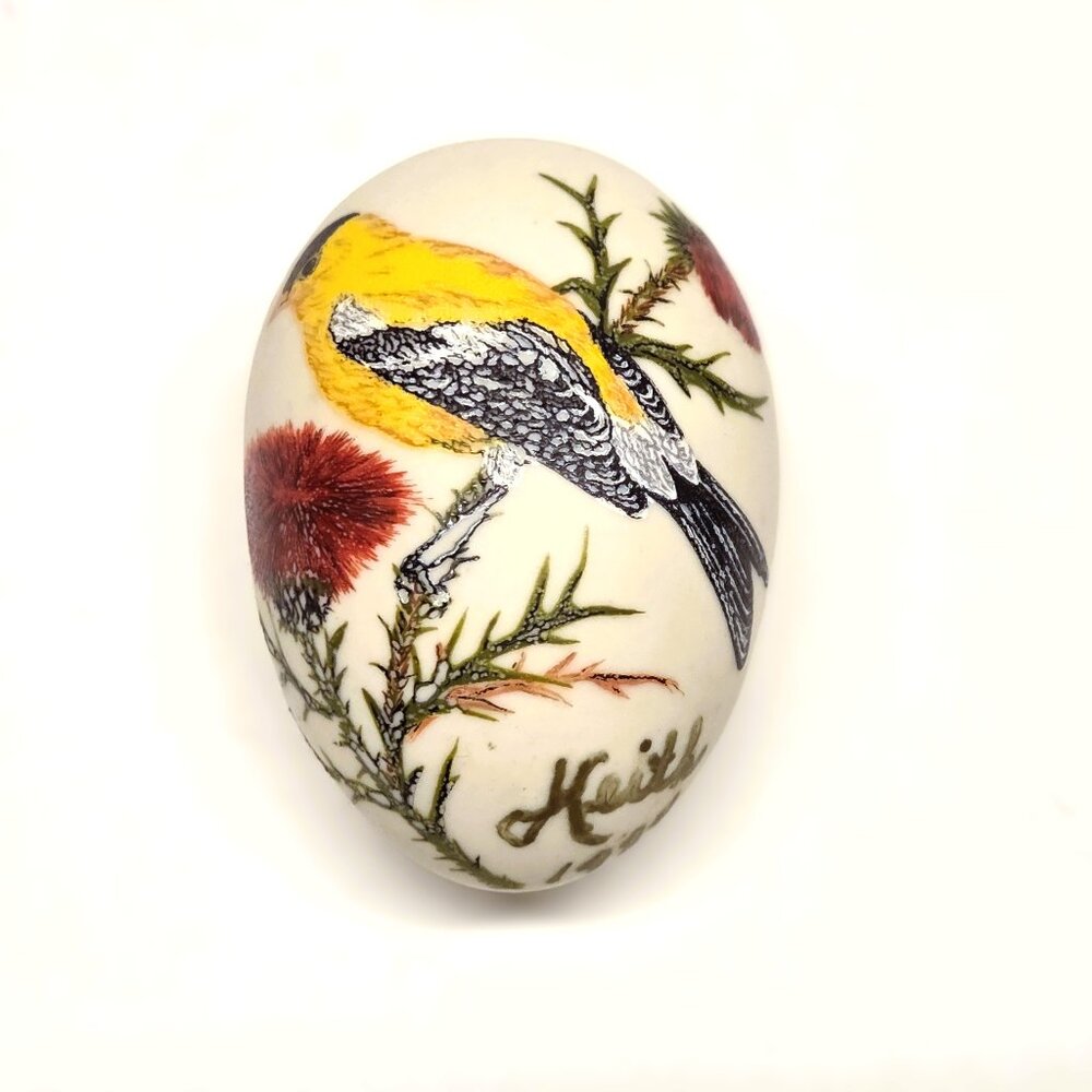 Delicate Goldfinch Ceramic Egg Thistle Keith 1984 Vintage 2.5"